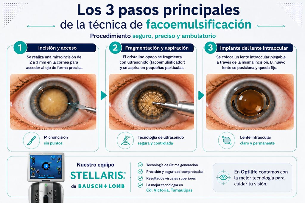 Tres pasos de la facoemulsificación para cirugía de catarata con tecnología Stellaris en Ciudad Victoria, Tamaulipas