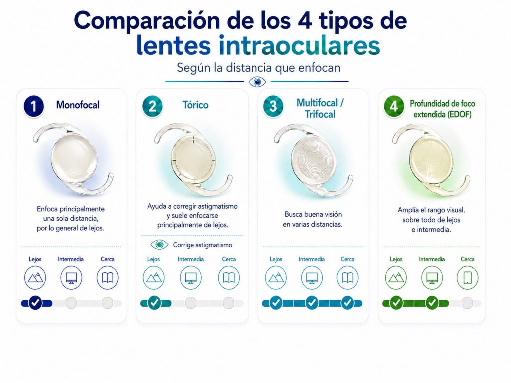 Comparación de los 4 tipos de lentes intraoculares según la distancia que enfocan