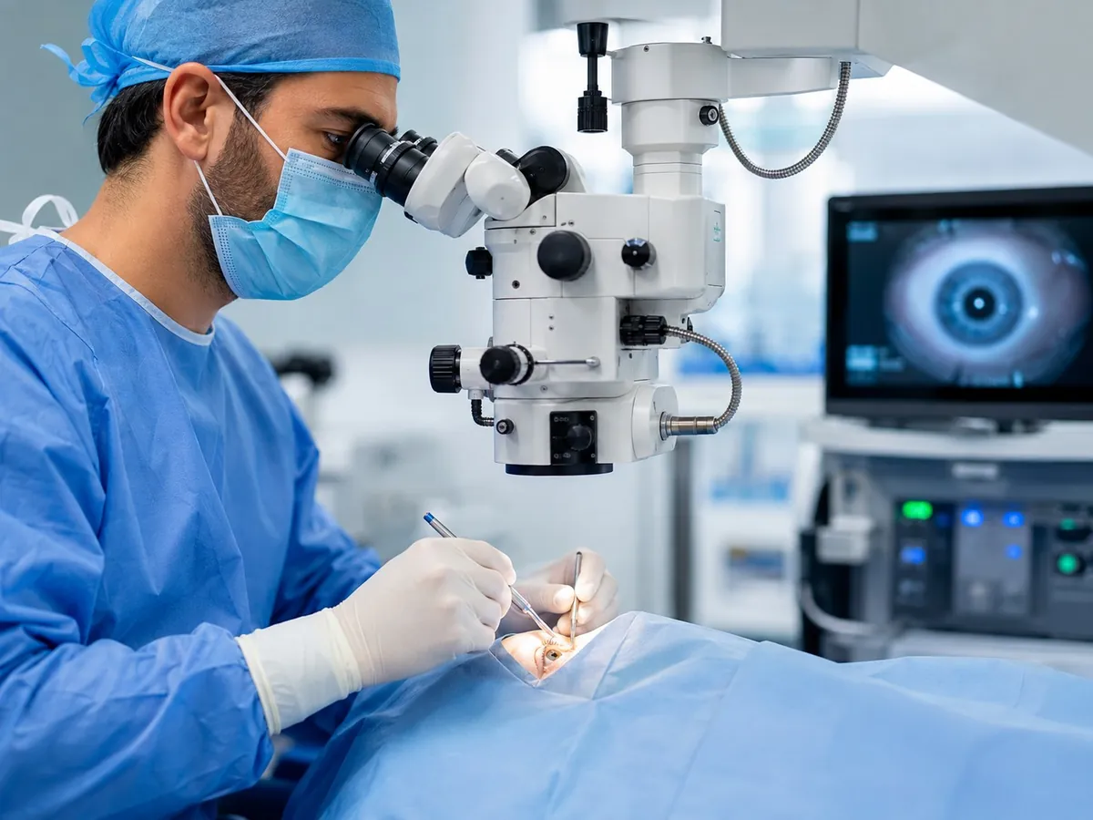 Procedimiento oftalmológico realizado con microscopio quirúrgico
